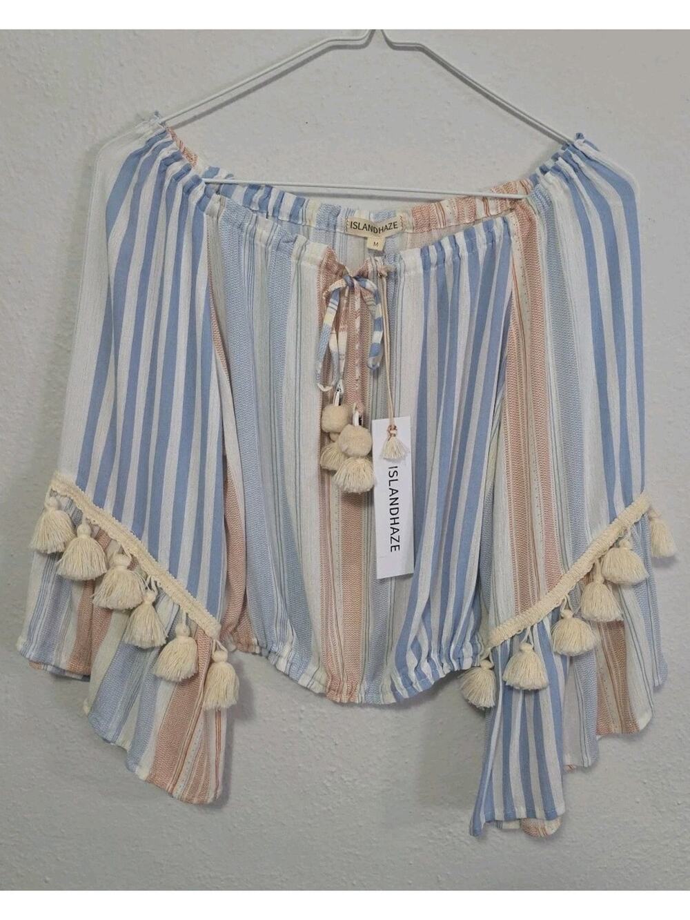 Island Haze Women's Top Size M Rainbow Skyline Tassel Blue Peach Cream Fringe
